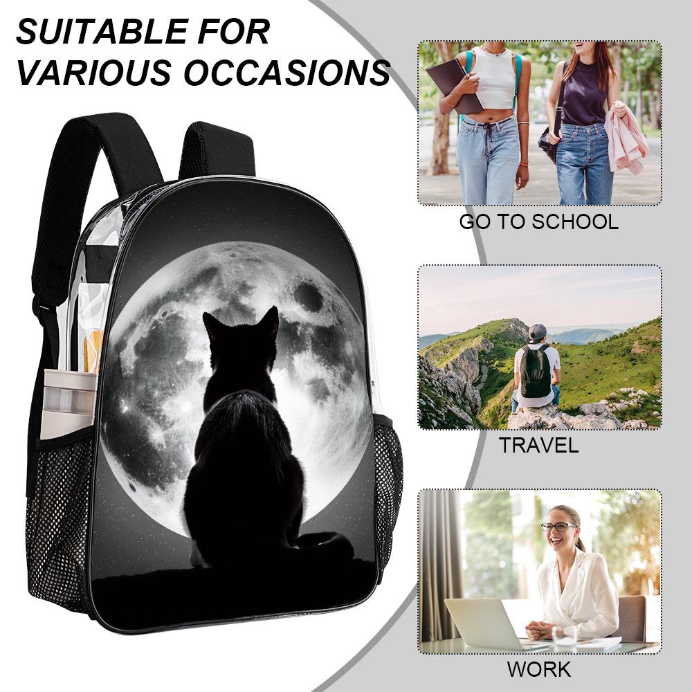 Black Cat & Moon Clear PVC Backpack, School Travel Business Daypack with Side Pockets