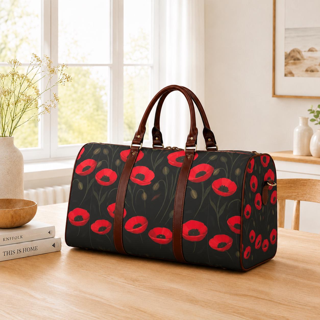 Black Red Poppy Flowers Weekend Travel Duffel Bag – Moody Floral Carry-On Luggage
