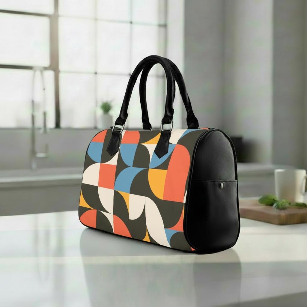 Retro 60s Geometric Print Barrel Handbag – Midcentury Mod Everyday Purse