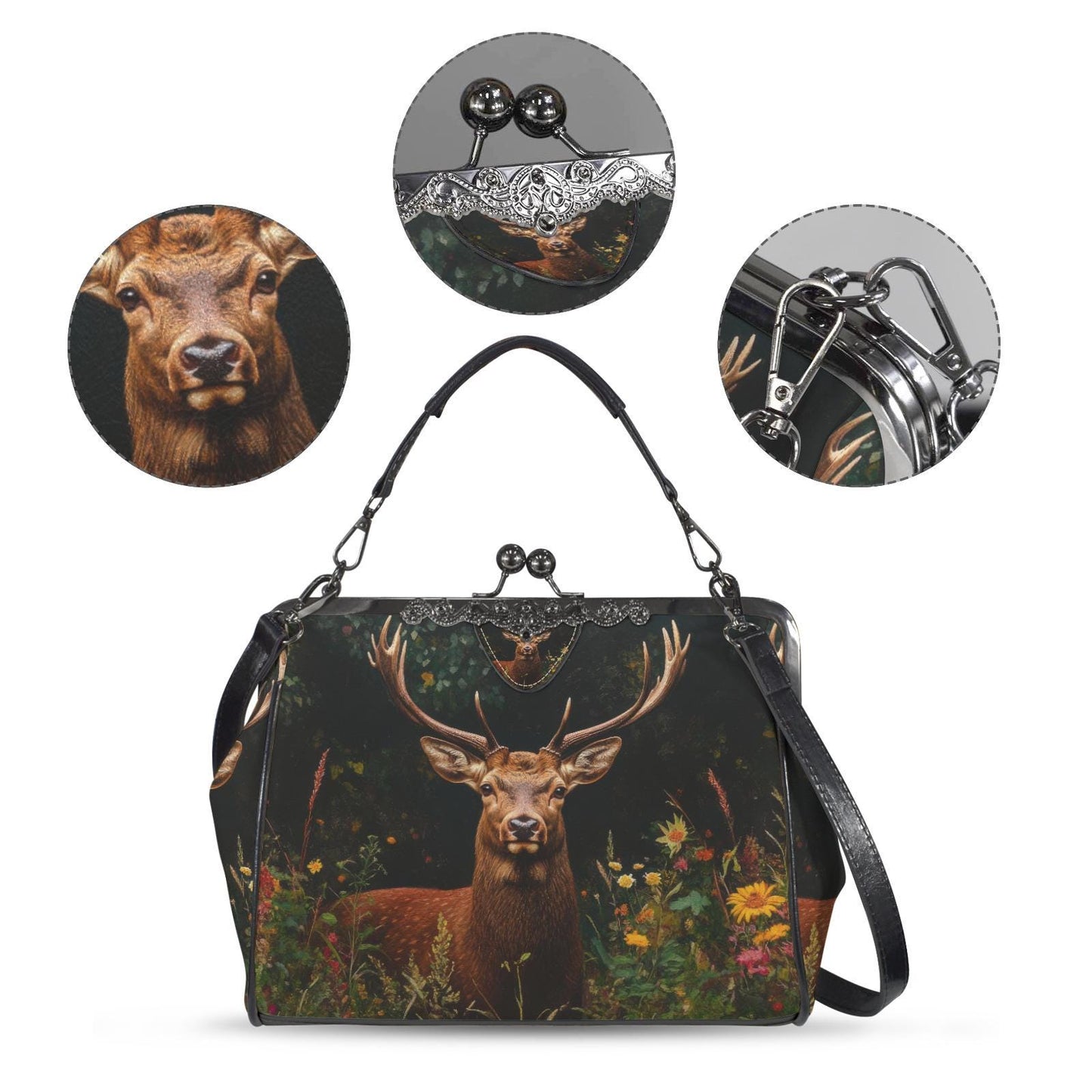 Deer Forest Kisslock Crossbody Shoulder Bag - Dark Academia Nature Lover Handbag