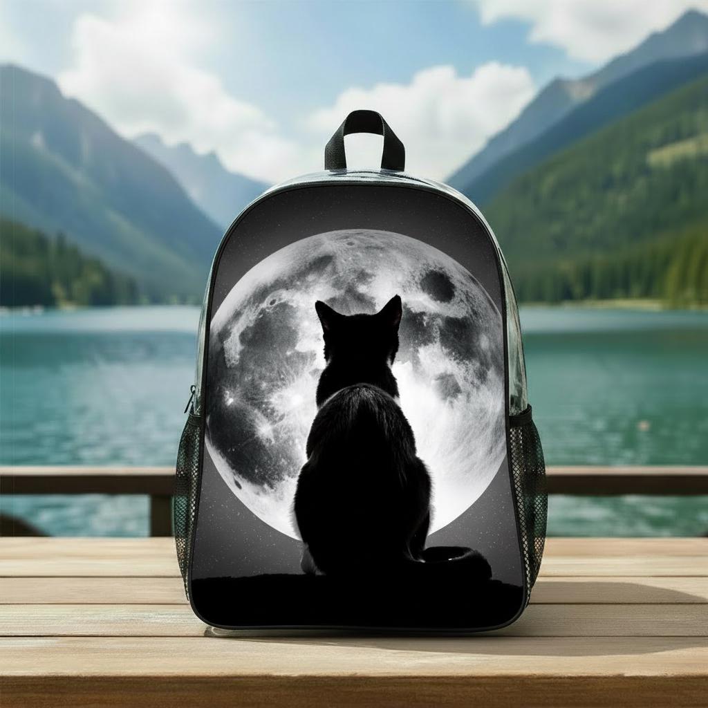 Black Cat & Moon Clear PVC Backpack, School Travel Business Daypack with Side Pockets