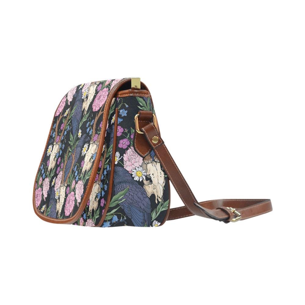 Dark Academia Black Raven Saddle Bag – Large Crossbody Oxford Fabric Vegan Handbag