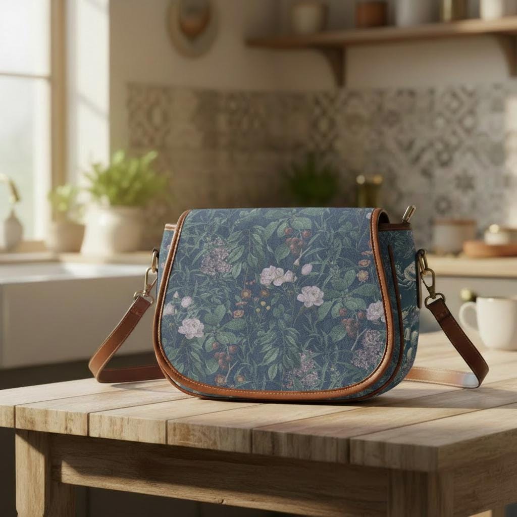 Dark Academia Flowers Crossbody Saddle Bag – Alternative Gothic Floral Vegan Handbag