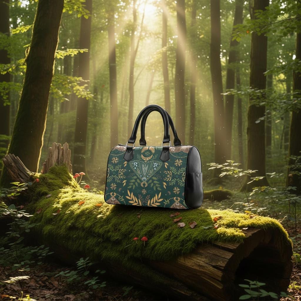 Bolso de mano tipo barril caprichoso de estilo folclórico nórdico – Bolso gótico negro y verde de la academia oscura