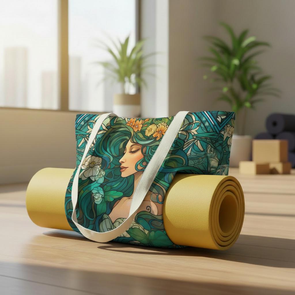 Art Nouveau Yoga Tote Bag with Mat Holder – Large Cotton Linen Fitness Shoulder Tote