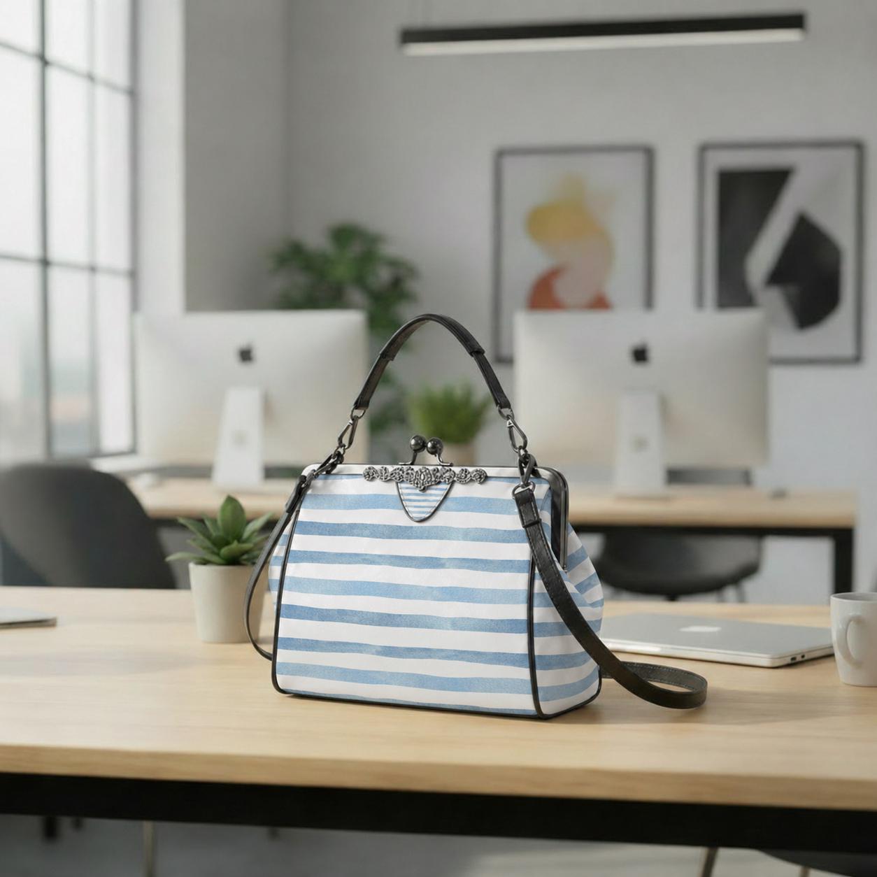 Blue White Striped Kisslock Crossbody Shoulder Bag - Vintage Nautical Summer Handbag