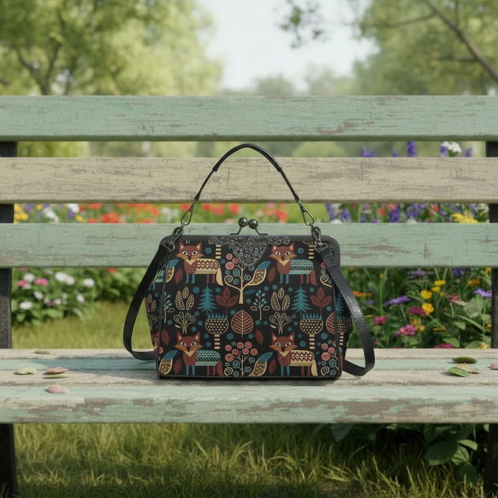 Retro Folkloric Kisslock Crossbody Purse – Nordic Scandi Forest Look