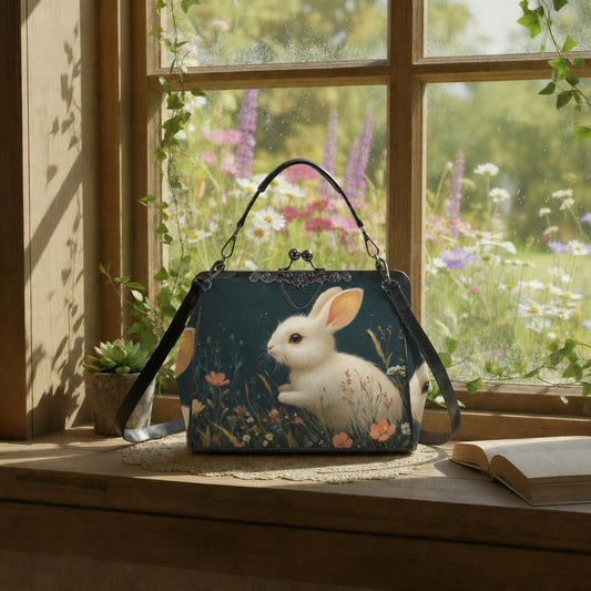 Cottagecore Bunny Kisslock Bag – Vintage Rabbit Floral Crossbody Handbag