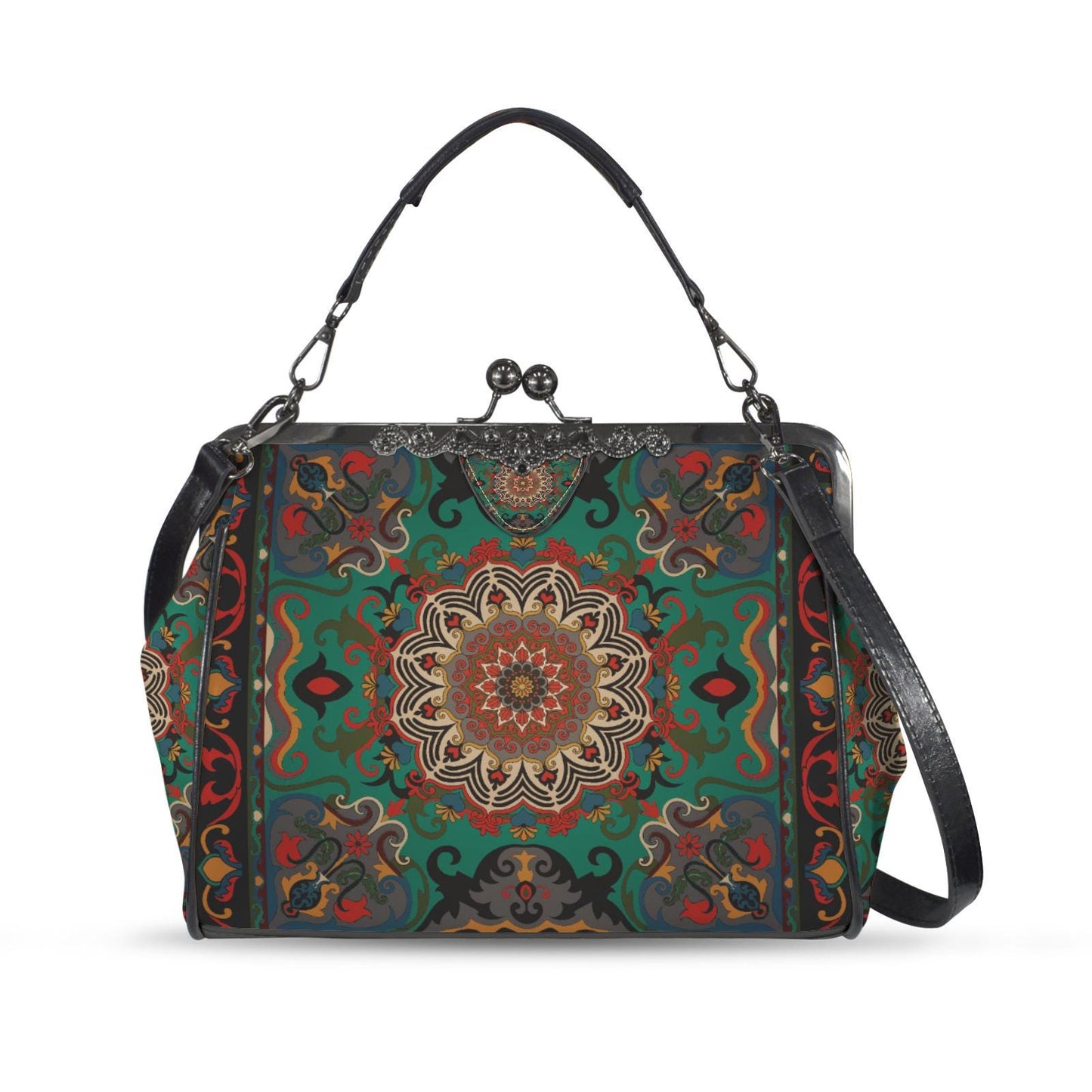 Boho Mandala Kisslock Shoulder Bag – Persian Medallion Crossbody Handbag