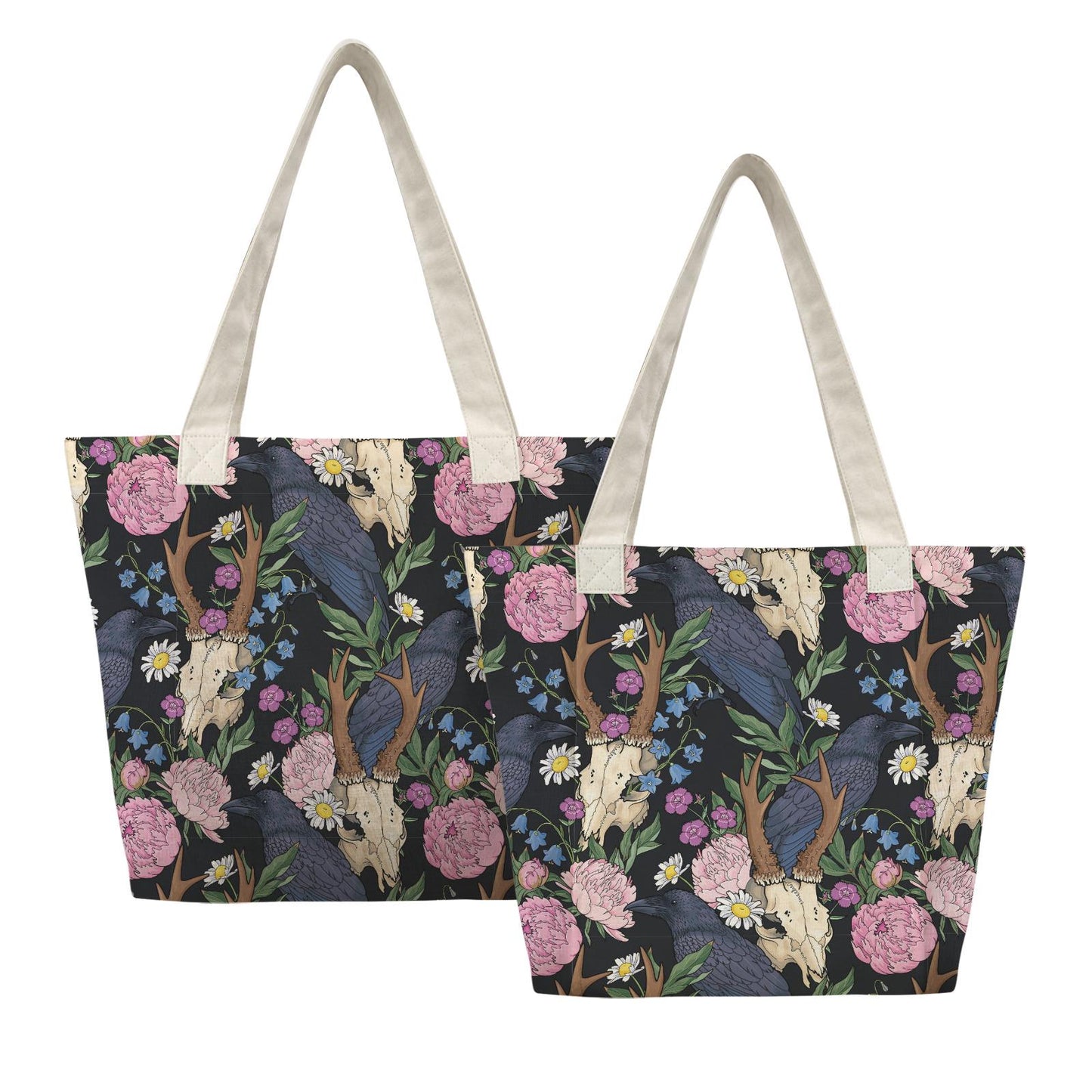 Dark Academia Raven Antler Cotton Yoga Tote – Shoulder Bag with Built-In Mat Storage