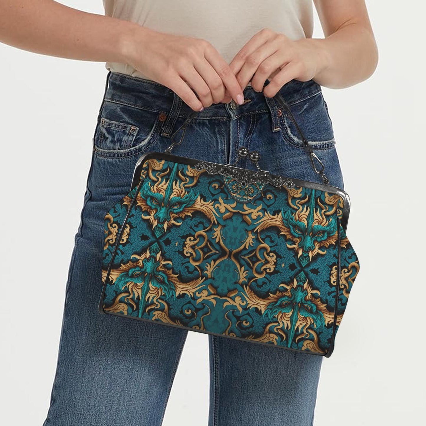 Petrol Gold Vintage Dragon Kisslock Crossbody Handbag