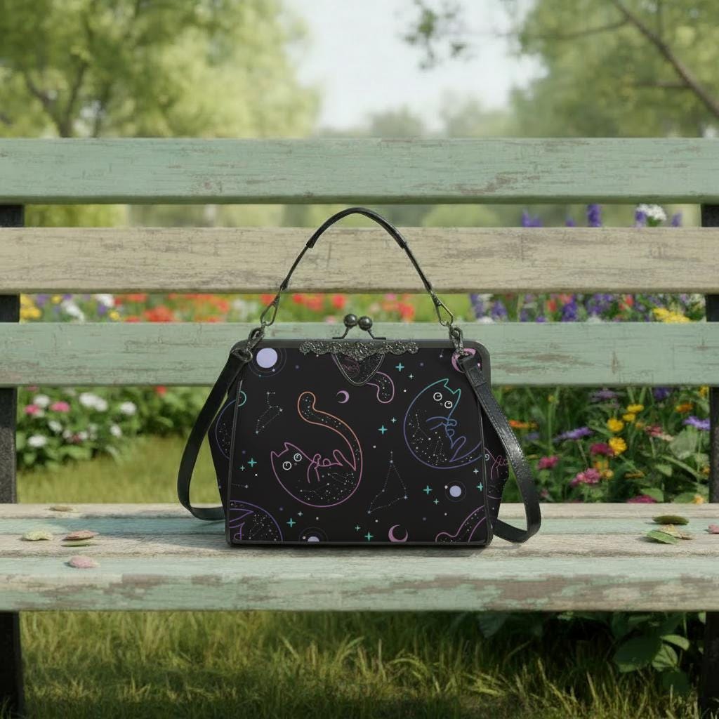 Dark Academia Space Cat Vintage Kisslock Bag - Victorian Gothic Crossbody