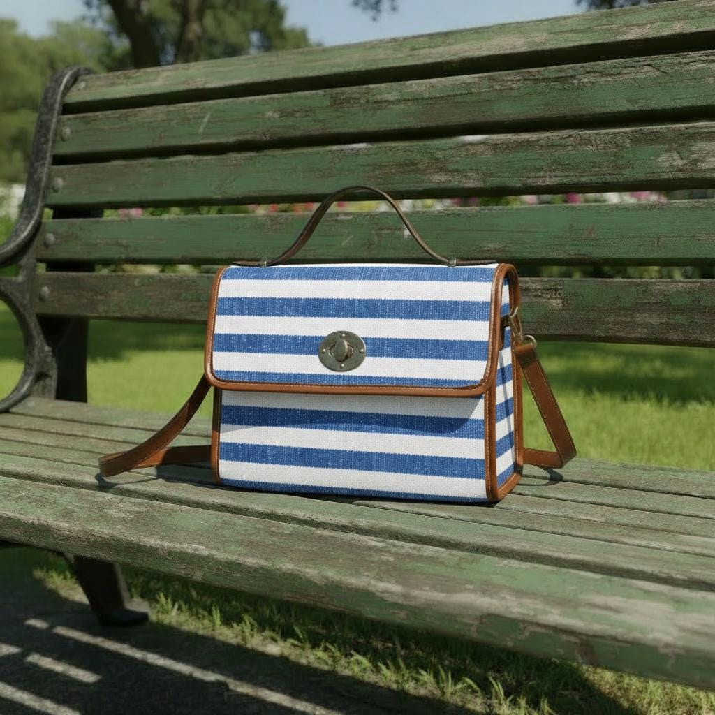 Blue White Nautical Striped Canvas Crossbody Bag – Beach Sailing Top Handle Handbag