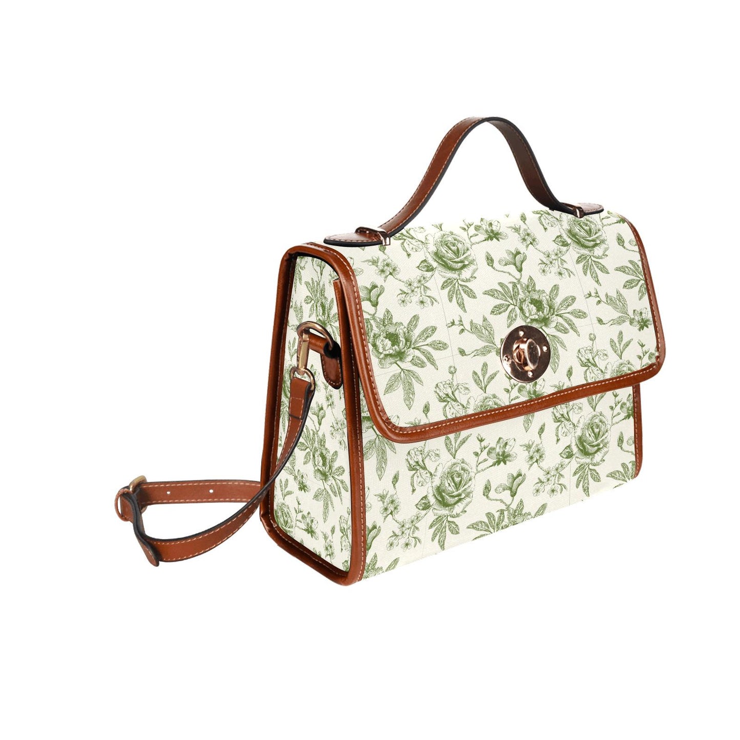 Toile de Jouy Canvas Crossbody Bag – Vintage Eggshell Green Floral Handbag