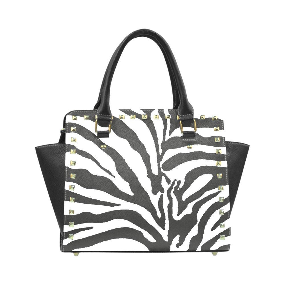 Zebra Print Rivet Shoulder Handbag – Black White Faux Leather Purse