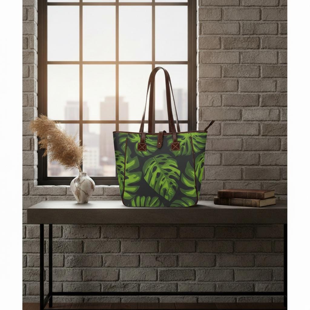 70s Retro Monstera Leaf Tote Bag – Large Dark Academia Zip Handbag