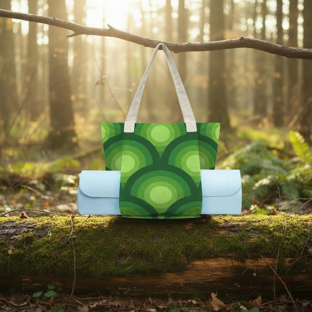 Green Retro 70s Yoga Mat Tote – Cotton Linen Gym & Pilates Bag