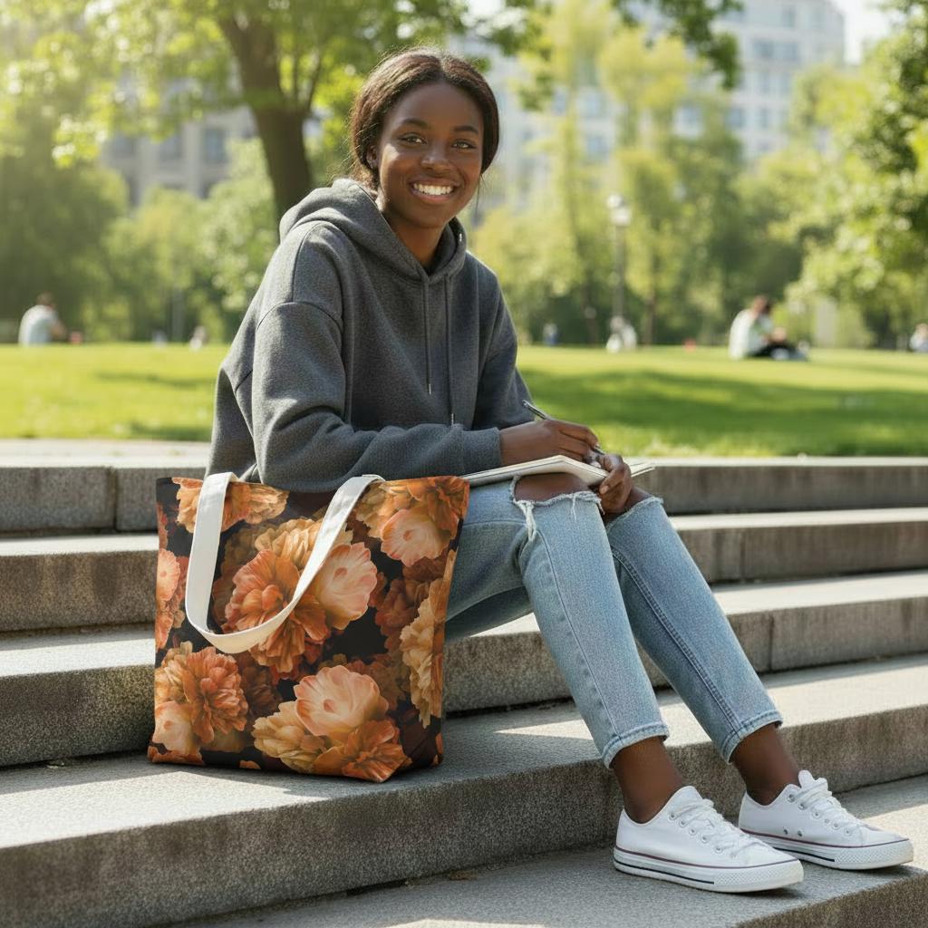 Orange Peonies Yoga Tote Bag with Mat Holder – Large Floral Cotton Linen Tote