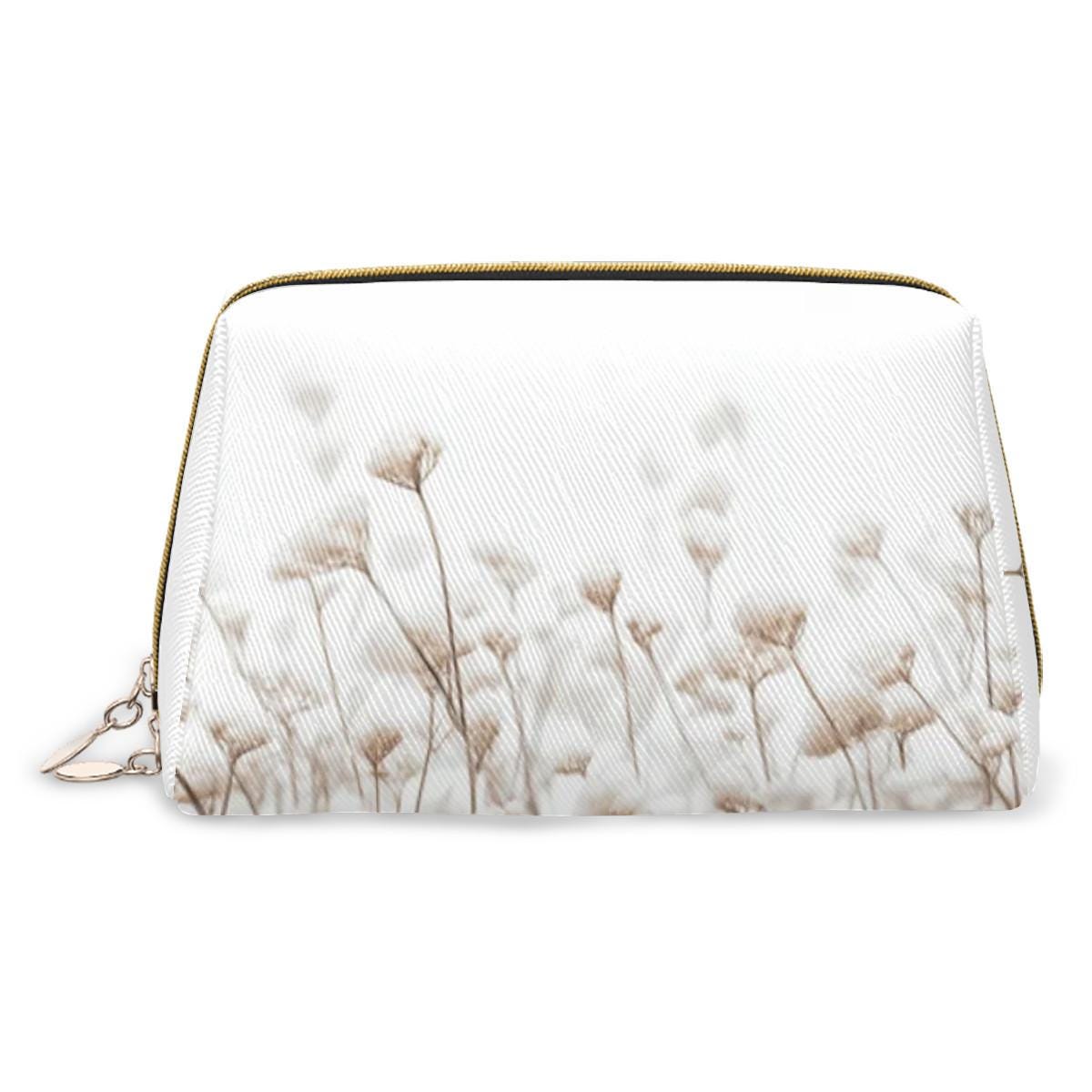 Delicate Flowers White Gold Makeup Bag – Floral Faux-Leather Travel Cosmetics Case