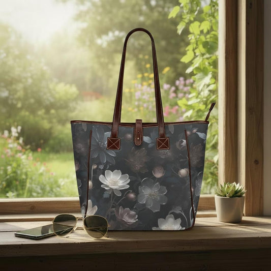 Dark Academia Bold Floral Style Handbag – Black Gray Classic Large Tote Bag