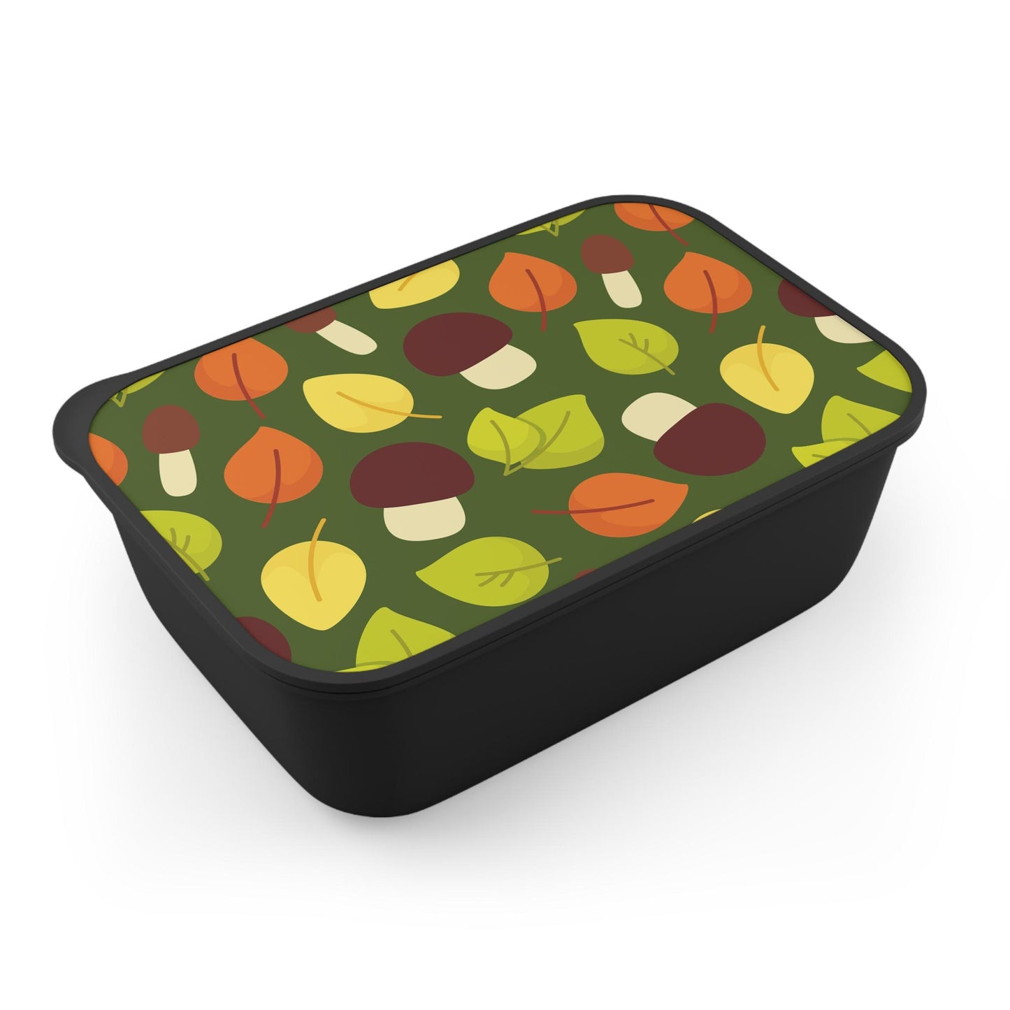 Mushroom Autumn Leaves Bento Box: Bioplastic Lunch Container with Cutlery