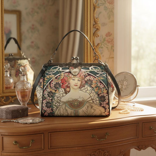 Art Nouveau Style Kisslock Crossbody Handbag - Vintage Romantic Bag