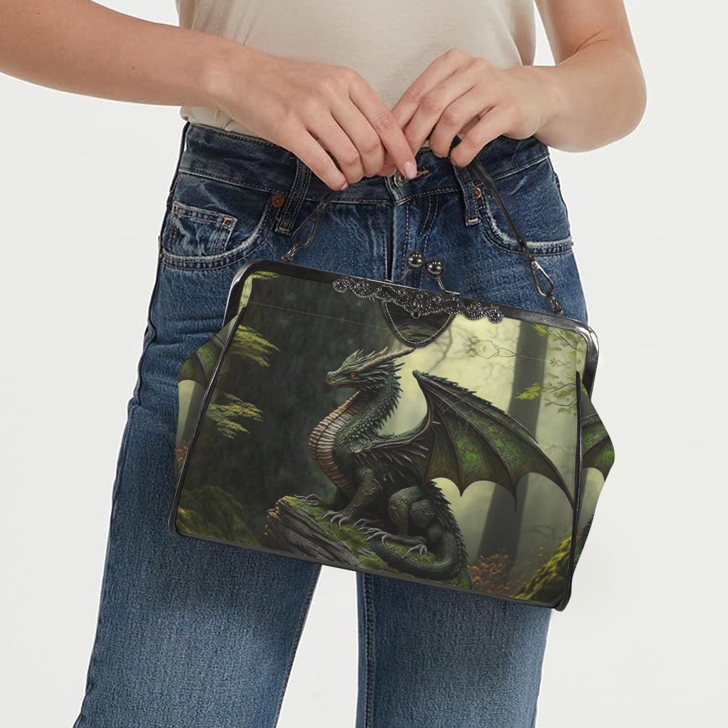 Dragon Fantasy Kisslock Crossbody Shoulder Bag - Dark Academia Gothic Handbag