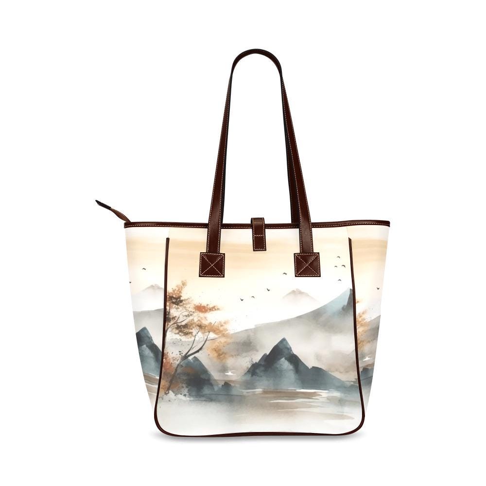 Japanese Watercolor Mountains Tote Bag – Large Asian Art Style Handbag