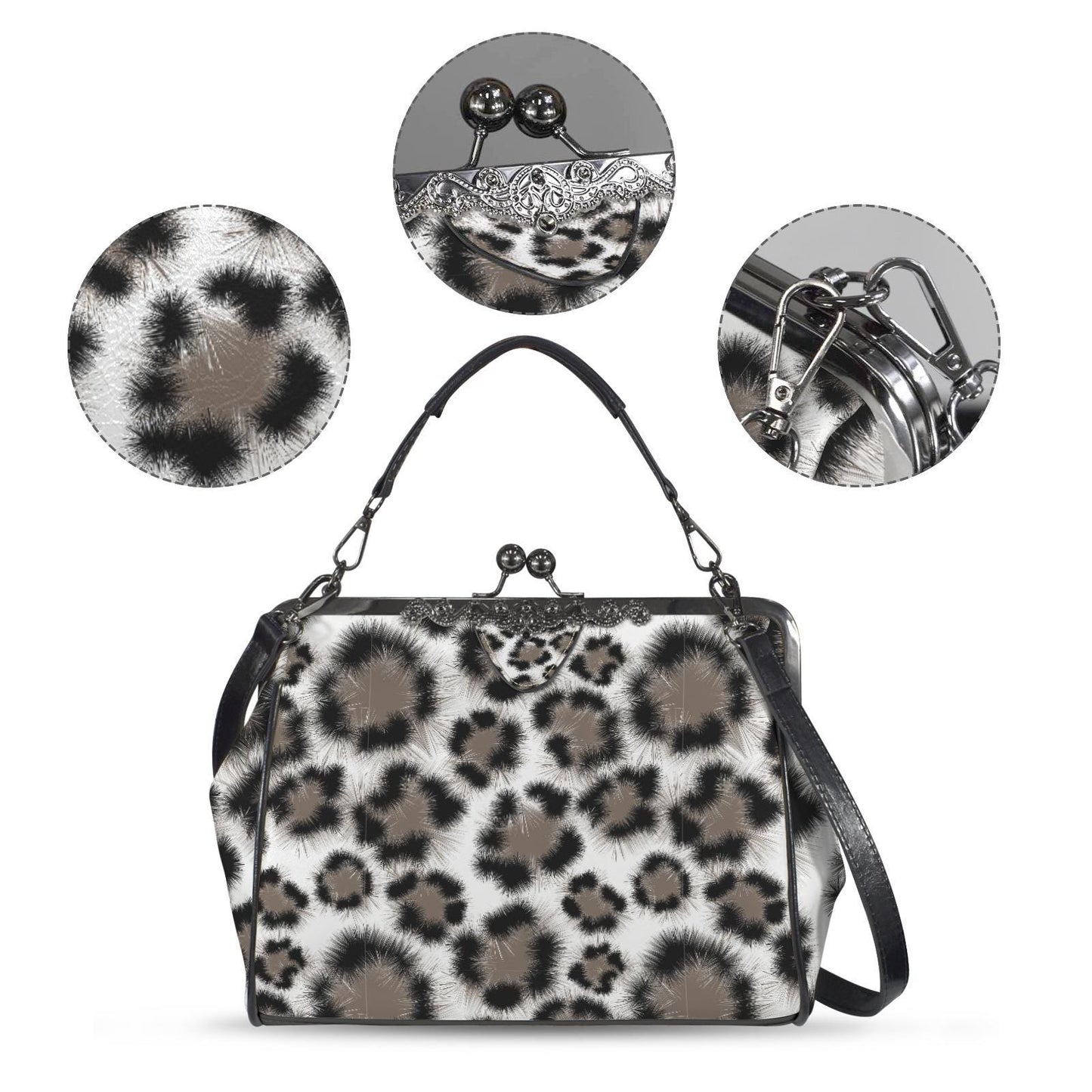Snow Leopard Kisslock Crossbody Bag – Animal Print Vintage Handbag