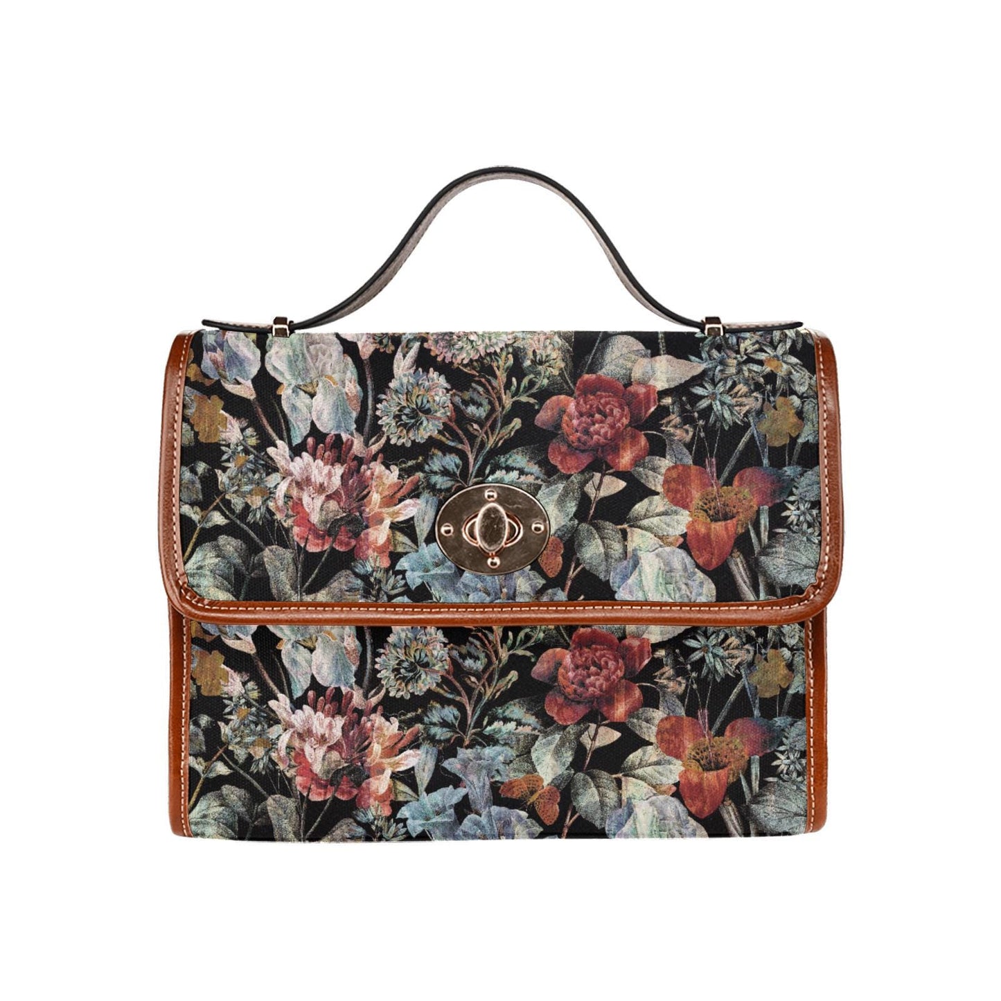 Dark Academia Flowers Canvas Crossbody Bag – Black Red Botanical Handbag