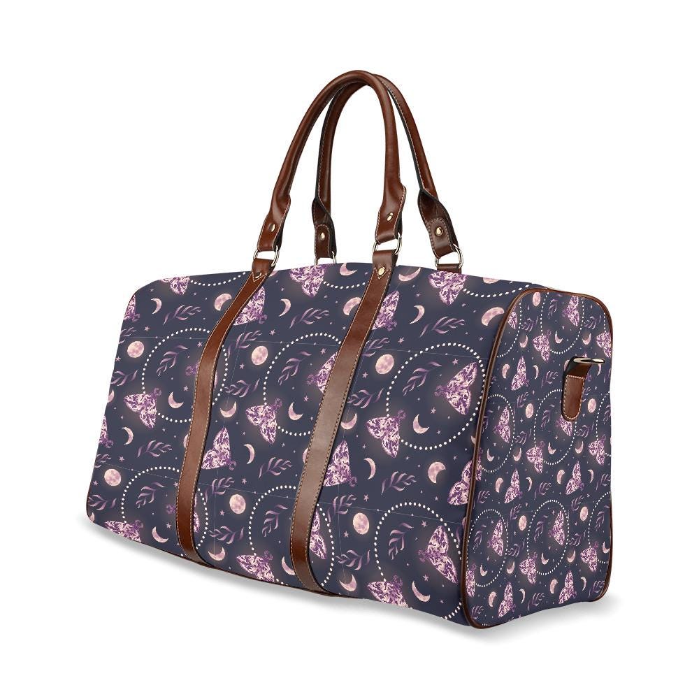 Dark Academia Moths & Moon Travel Bag – Waterproof Black Weekender Duffle