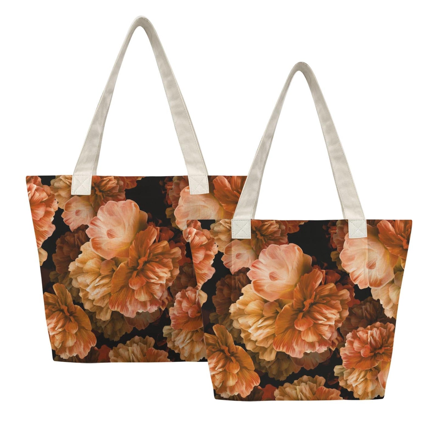 Orange Peonies Yoga Tote Bag with Mat Holder – Large Floral Cotton Linen Tote