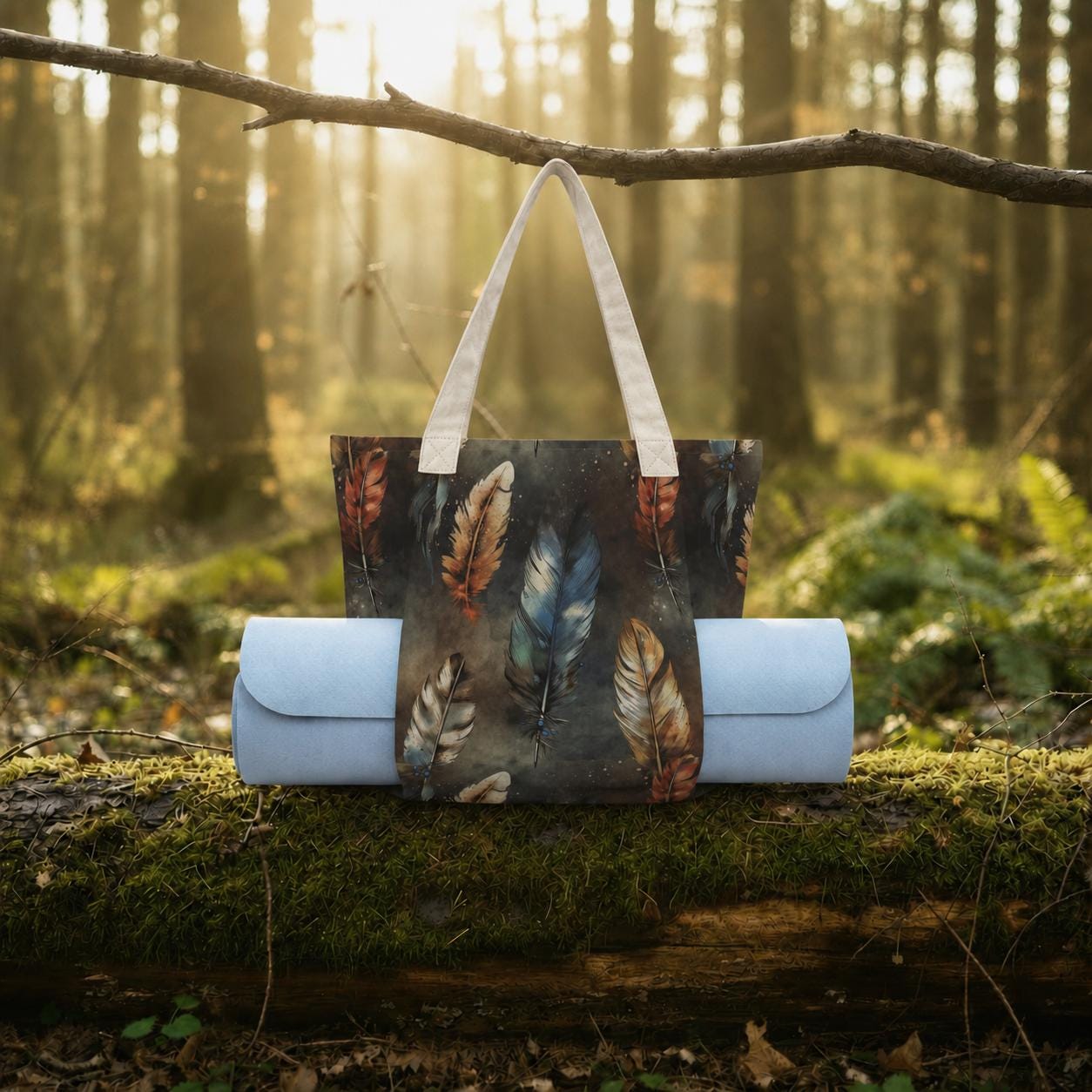 Boho Feathers Yoga Tote Bag with Mat Holder – Dark Academia Forest Tote