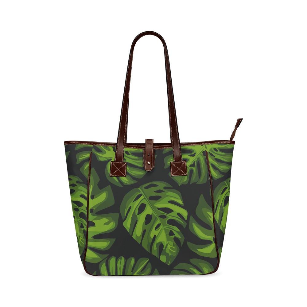 70s Retro Monstera Leaf Tote Bag – Large Dark Academia Zip Handbag