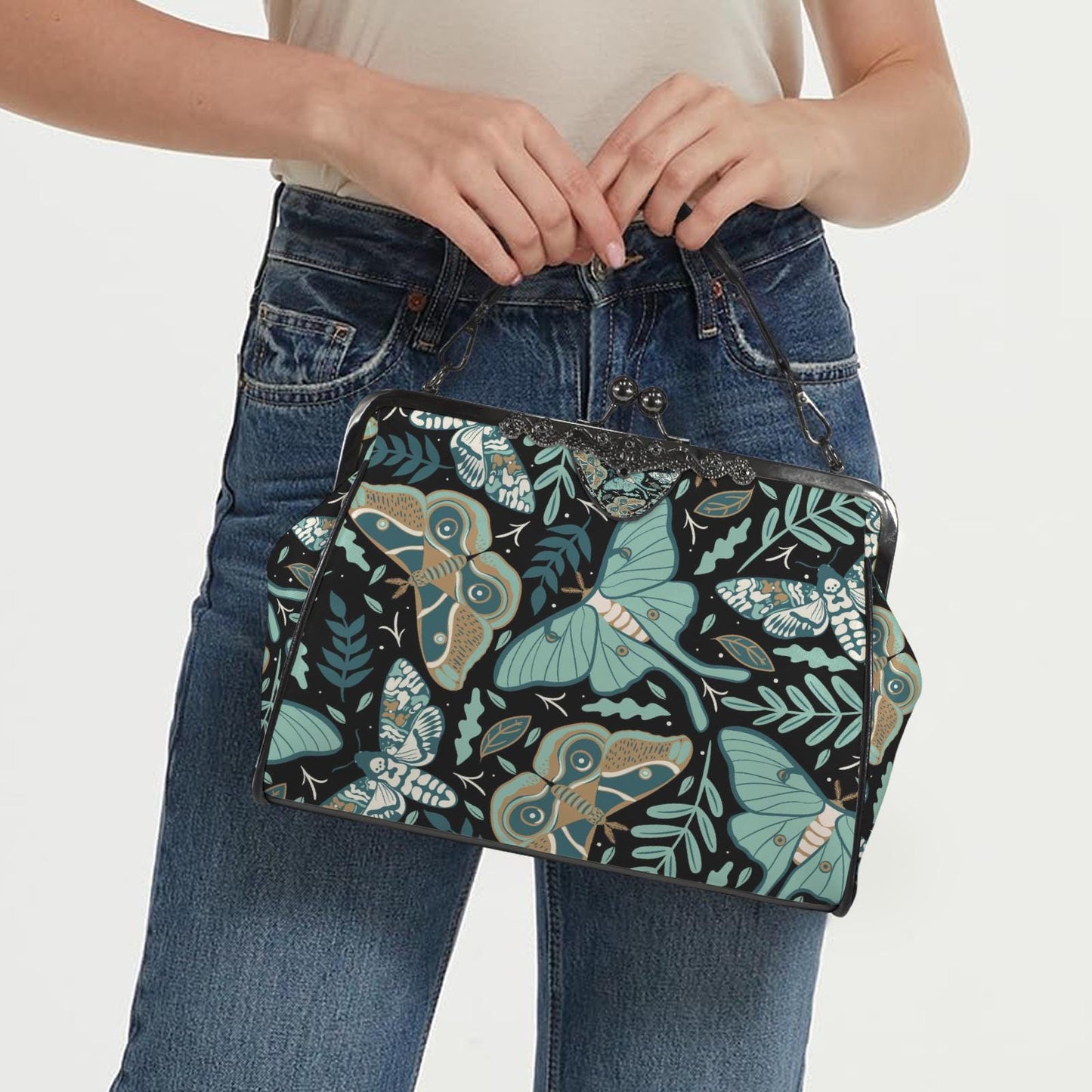 Moths and Moon Vintage Kisslock Crossbody Handbag – Dark Academia Adjustable Strap