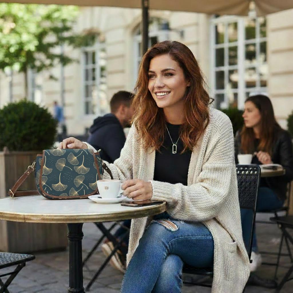 Black Gold Ginkgo Leaf Vintage Saddle Bag – Dark Academia Botanical Handbag