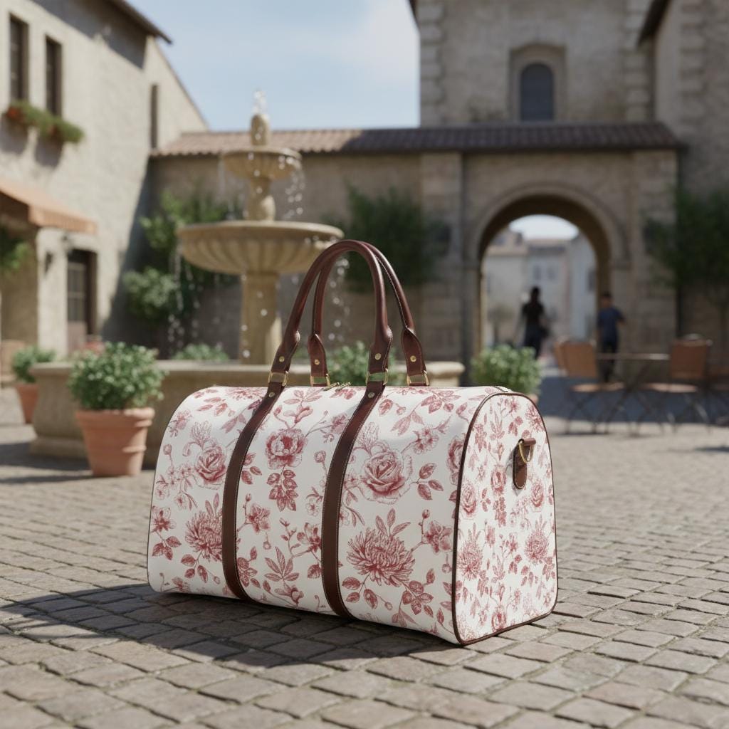 Toile de Jouy Red White Floral Travel Bag – French Vintage Weekender Duffle
