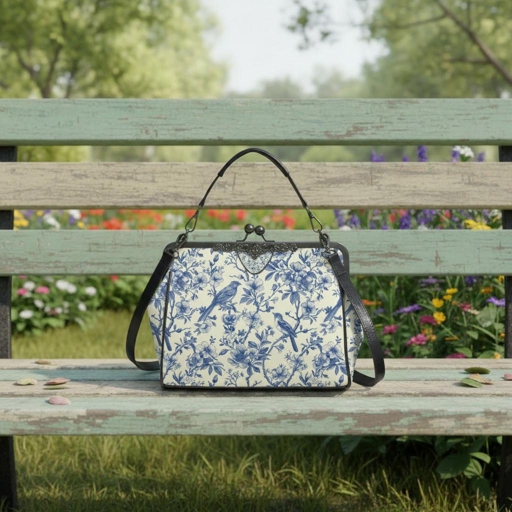 Toile de Jouy Vintage Kisslock Crossbody Bag – Victorian Handbag with Adjustable Strap
