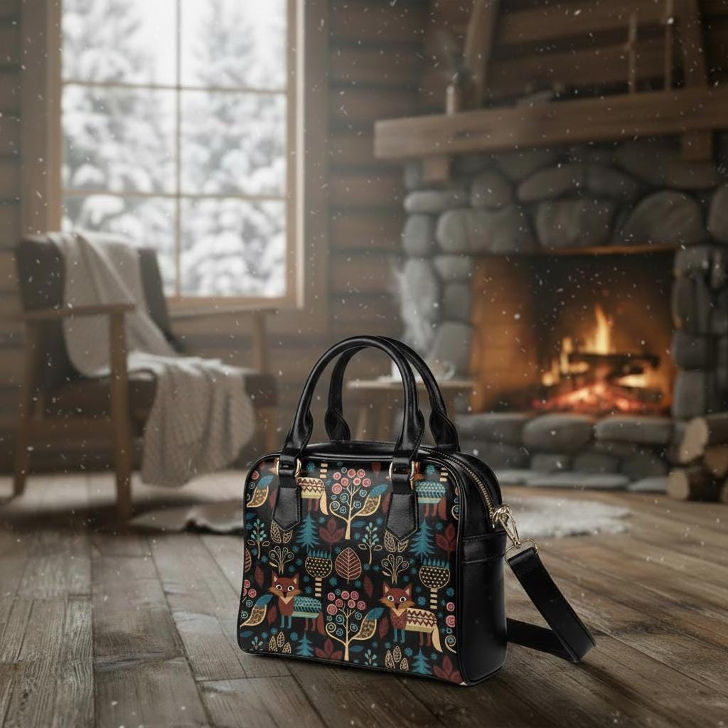 Nordic Folkloric Shoulder Bag – on a mantel by a cozy fireplace