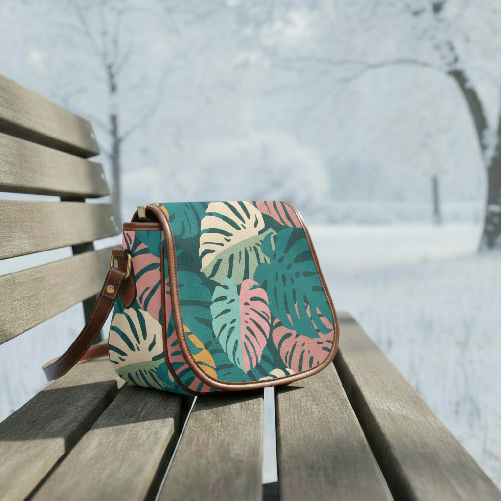 Retro 60s Monstera Pattern Saddle Bag - Midcentury Botanical Crossbody Handbag