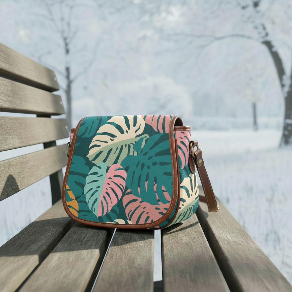 Retro 60s Monstera Pattern Saddle Bag - Midcentury Botanical Crossbody Handbag