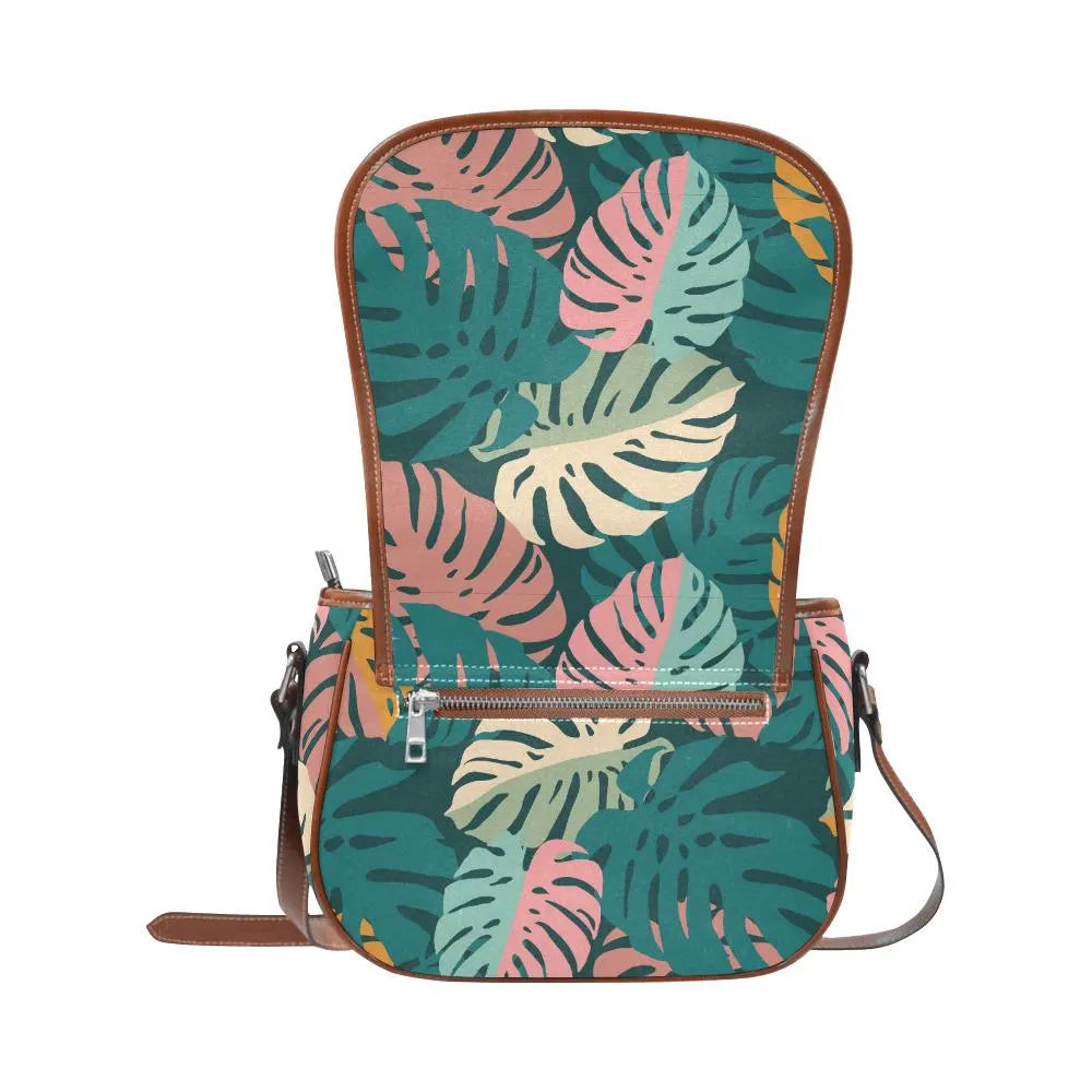Retro 60s Monstera Pattern Saddle Bag - Midcentury Botanical Crossbody Handbag