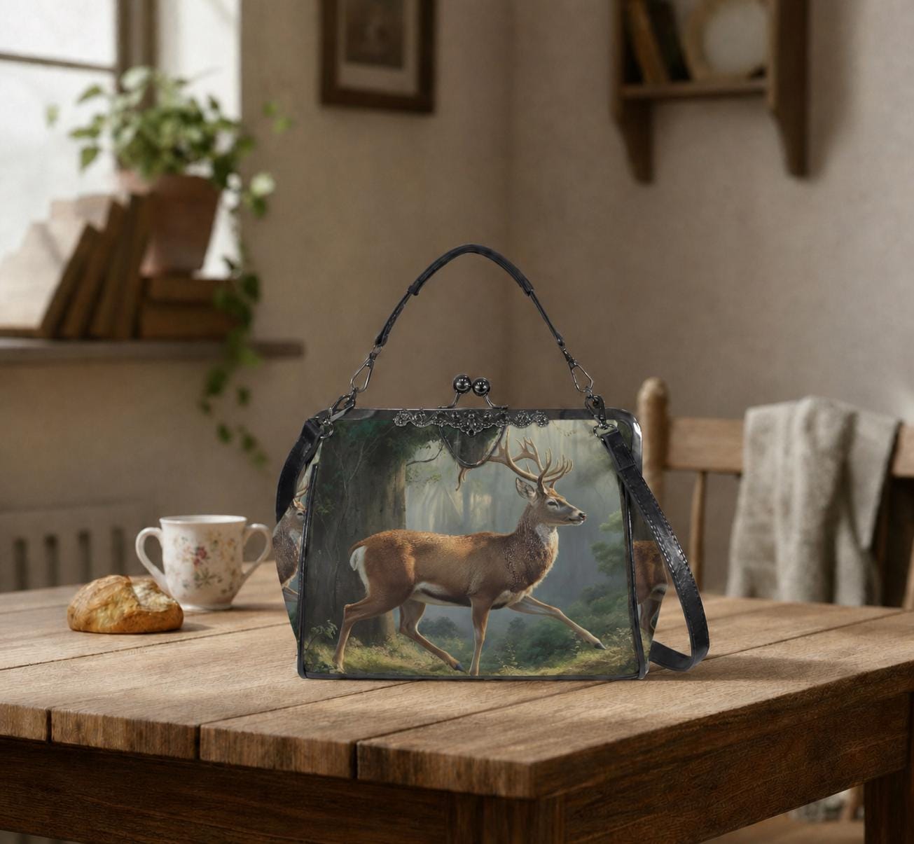 Majestic Deer Forest Dark Academia Handbag - Fairycore Kisslock Crossbody Shoulder Bag