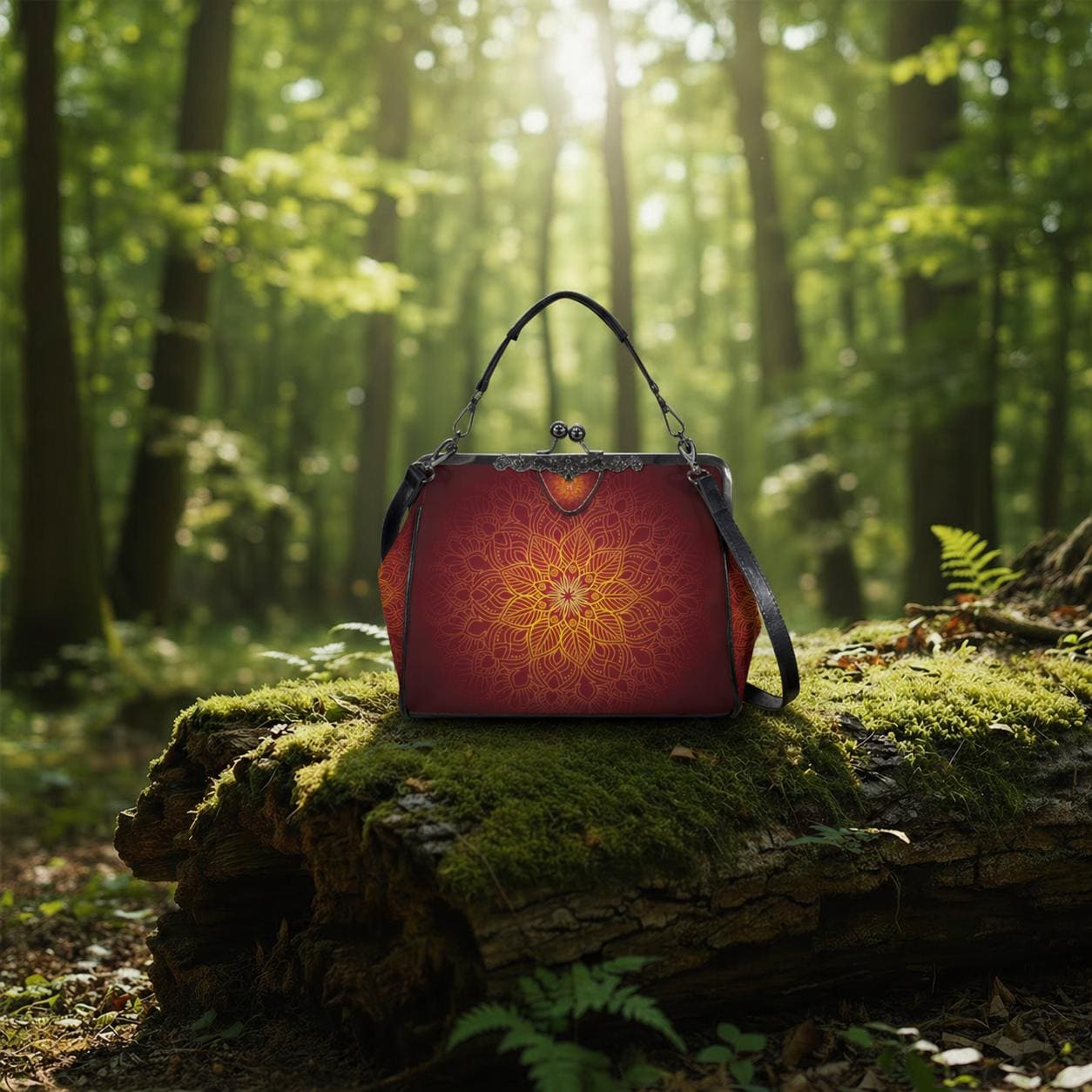 Black Red Orange Mandala Kisslock Handbag –  Meditation Asian Style Crossbody Bag
