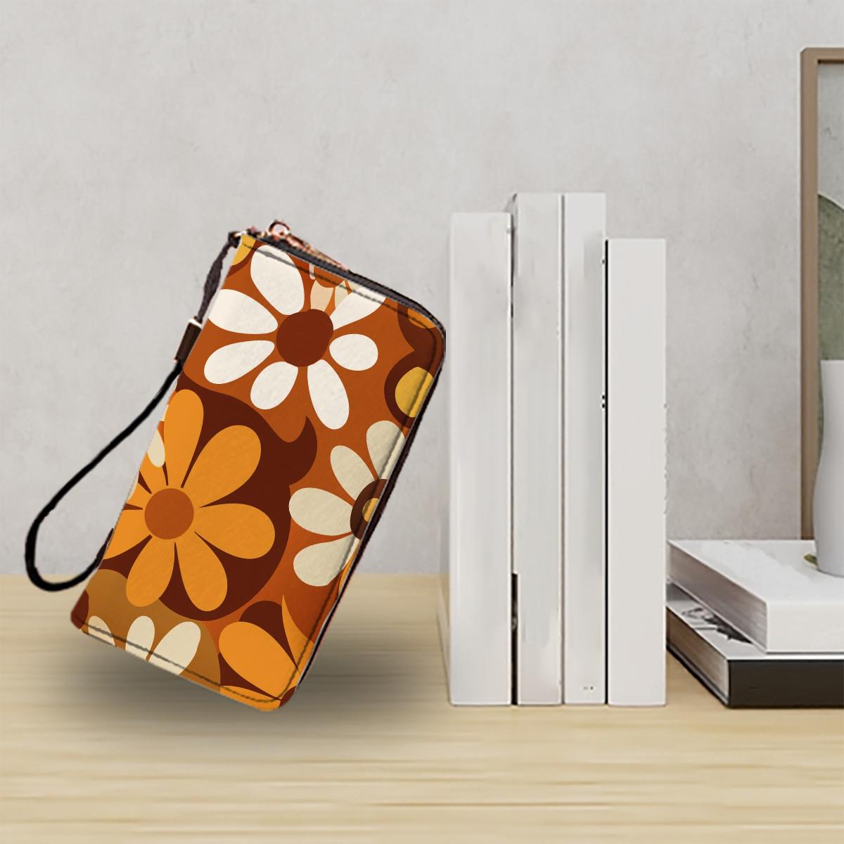 Retro 70s Flowers Clutch Wallet – Brown Orange Bold Floral Women’s Purse