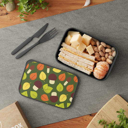 Mushroom Autumn Leaves Bento Box: Bioplastic Lunch Container with Cutlery