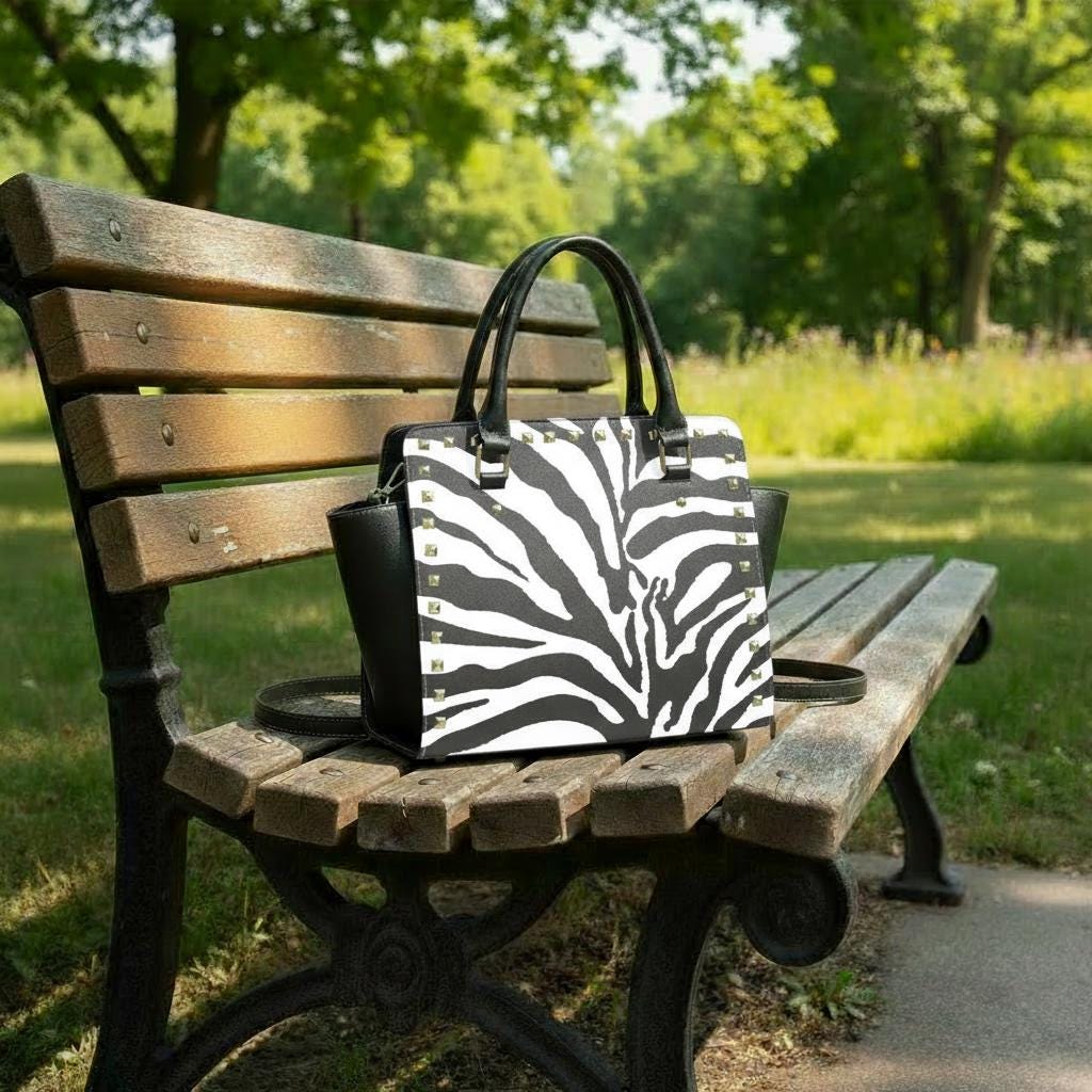 Zebra Print Rivet Shoulder Handbag – Black White Faux Leather Purse