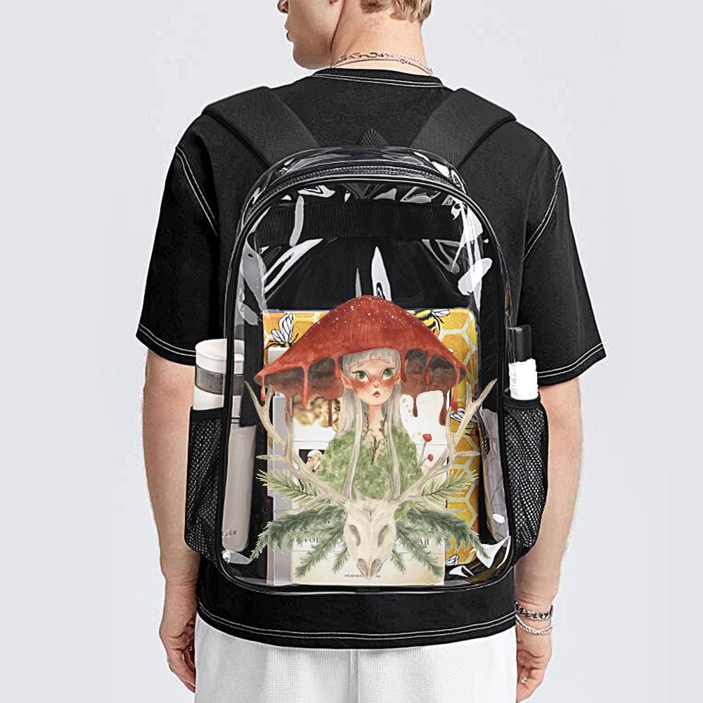 Fairycore Clear PVC Backpack, Mushroom Forest Daypack, Mesh Side Pockets