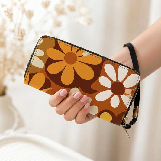 Retro 70s Flowers Clutch Wallet – Brown Orange Bold Floral Women’s Purse