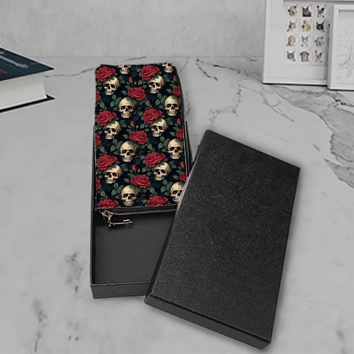 Black Red Gothic Skulls Clutch Wallet – Moody Dark Vegan Purse